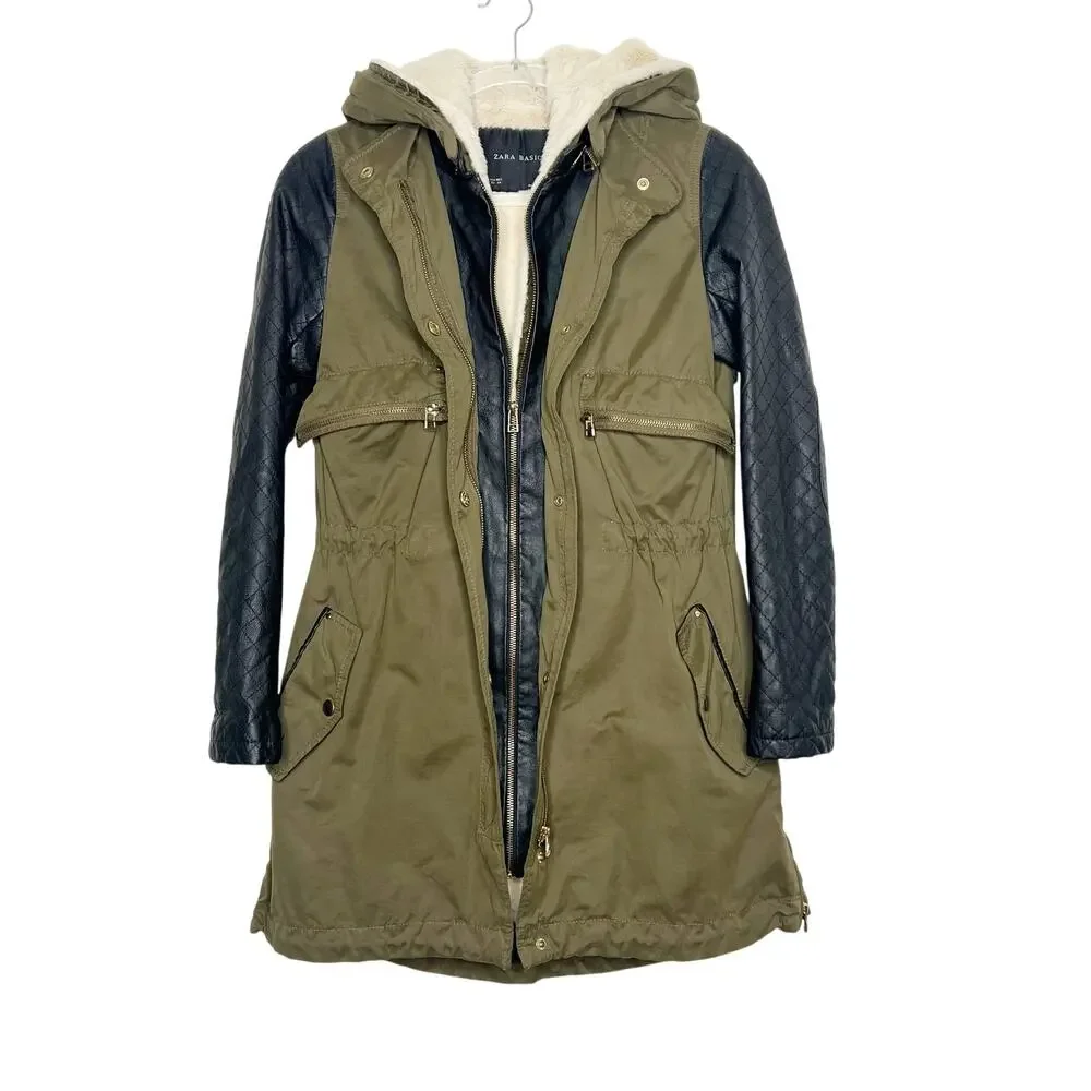 ZARA Jacket Faux Fur Lined Jacket Leather Sleeve Full Zip Hooded Green Black XS